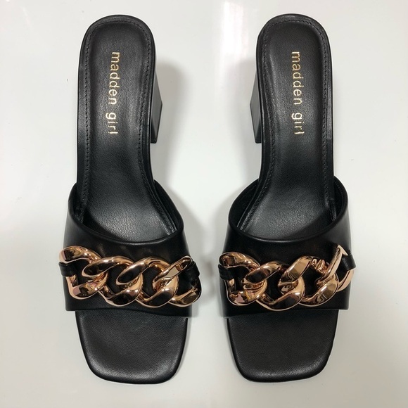 Madden Girl Mules Heeled Sandals Golden chain black Size 8.5 - Picture 2 of 9